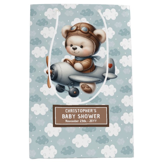 Individuelle Name Teddy Bear Baby Shower Geschenkt Mittlere Geschenktüte (Vorderseite)