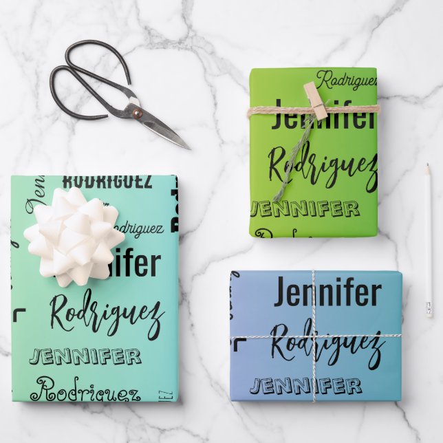 Individuelle Name Text Abstrakt blau grün Geschenkpapier Set (Vorderseite)