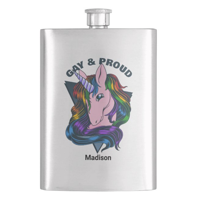Individuelle Name & Text Gay Unicorn Flachmann (Vorderseite)