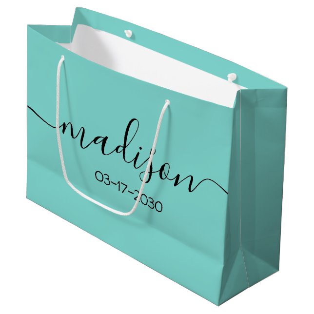 Individuelle Name Text Girly Feminine Aquamarin Tü Große Geschenktüte (Vorderseite Schrägansicht)