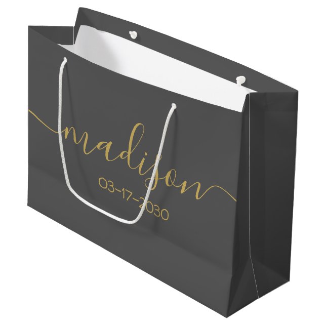 Individuelle Name Text Girly Feminine Gold Script  Große Geschenktüte (Vorderseite Schrägansicht)