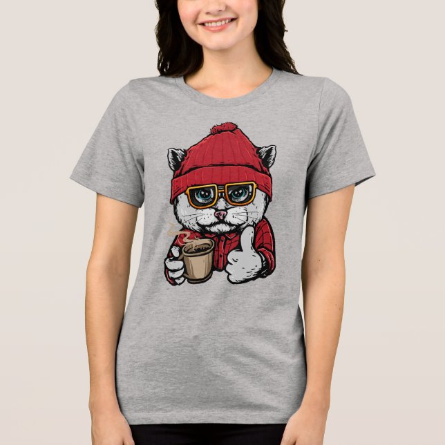Individuelle Name / Text Niedlicher Kaffee Chat Tri-Blend Shirt (Vorderseite)