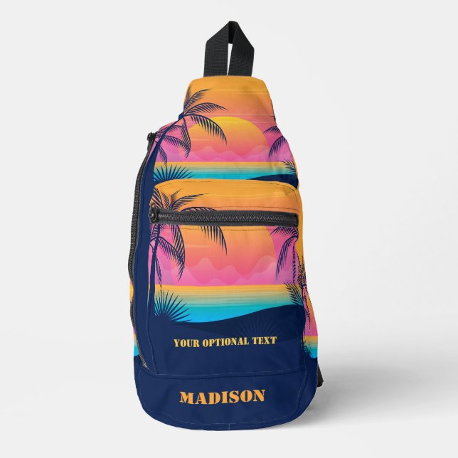 Individuelle Name & Text Tropical Island Sunset Crossbody Bag (Vorderseite)