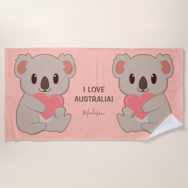 Individuelle Name, Text und Farbe Liebe Koala Strandtuch (Vorderseite)