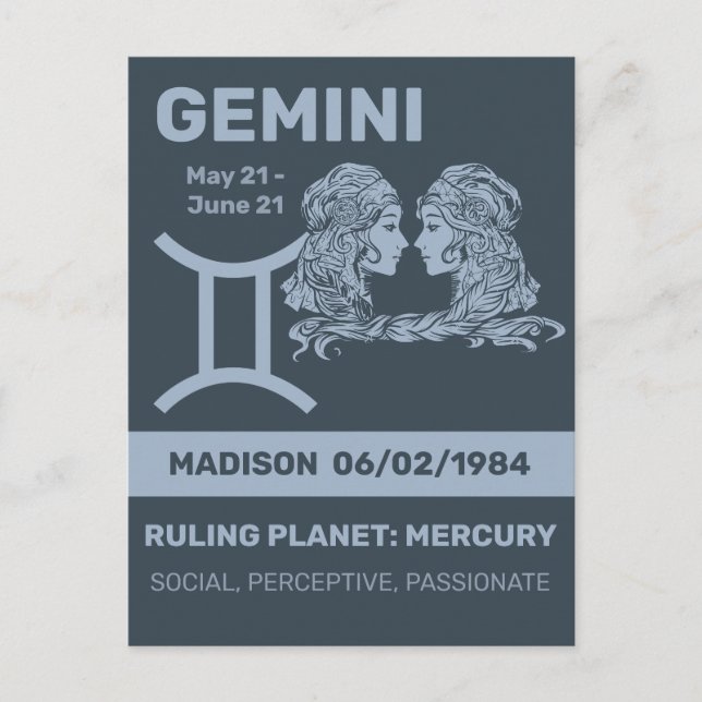 Individuelle Name/Text-Zodiac-Zeichen-Gemini Postkarte (Vorderseite)
