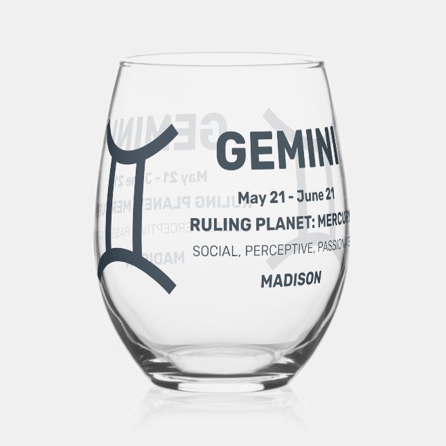 Individuelle Name/Text-Zodiac-Zeichen-Gemini Weinglas Ohne Stiel (Vorderseite)