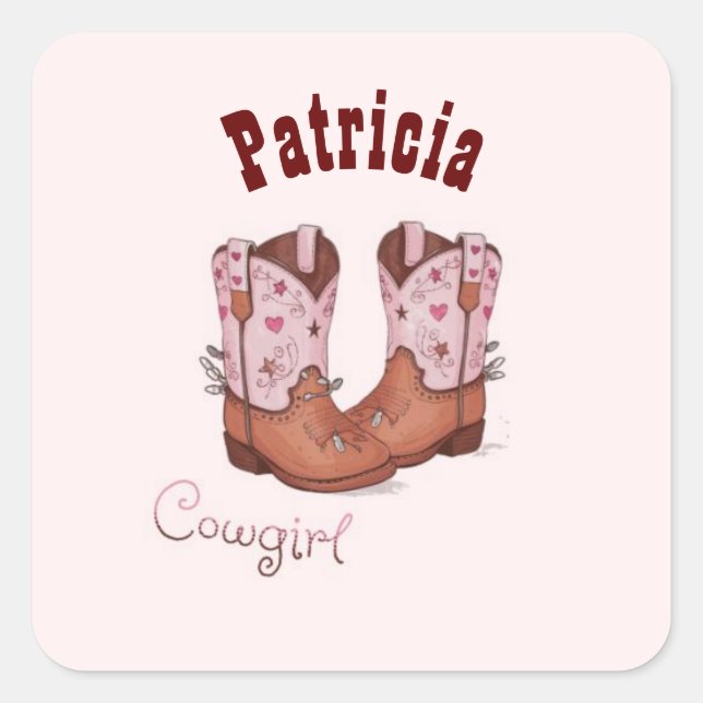 Individuelle Name Trendy Niedlich CowGirl Stiefel  Quadratischer Aufkleber (Vorderseite)