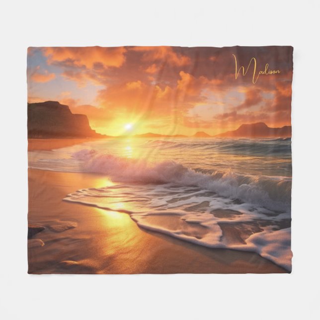 Individuelle Name Tropical Beach Sunset Fleecedecke (Vorderseite (Horizontal))