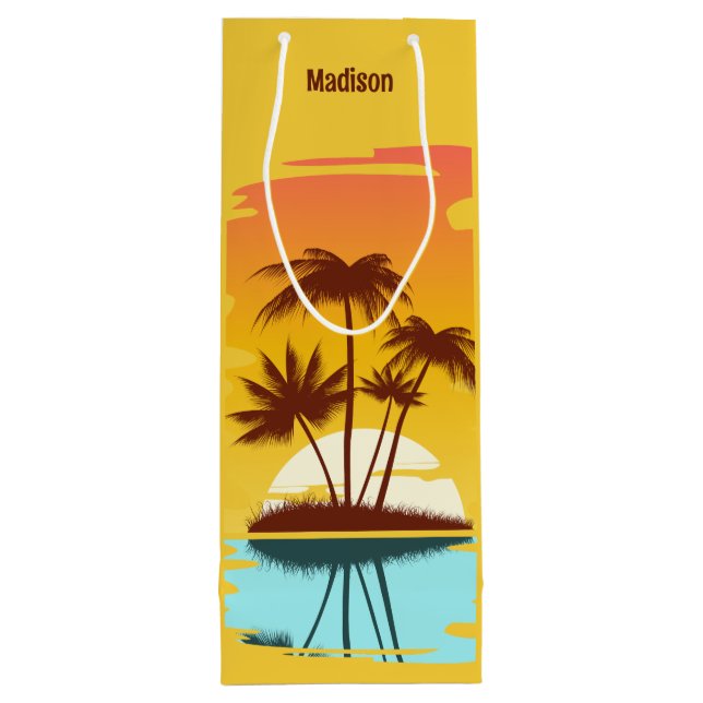Individuelle Name Tropical Island Sunset Geschenktüte Für Weinflaschen (Rückseite)
