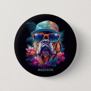Individuelle Name Tropischer Urlaubshund Button