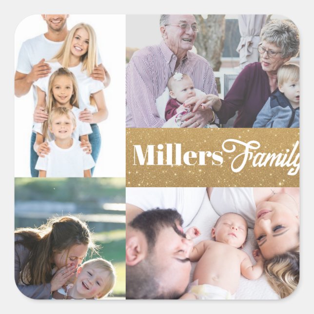 Individuelle Name und 4-Foto-Collage Gold Schlüsse Quadratischer Aufkleber (Vorderseite)