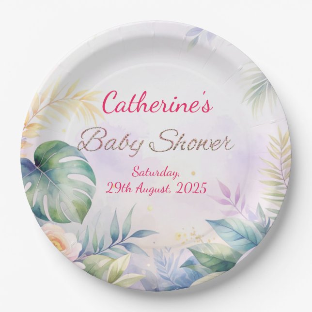 Individuelle Name und Date Tropical Blume Kinderdu Pappteller (Vorderseite)