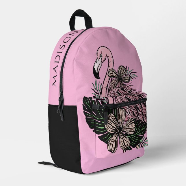 Individuelle Name und Farbrosa Flamingo Bedruckter Rucksack (Rückseitige Ecke links)