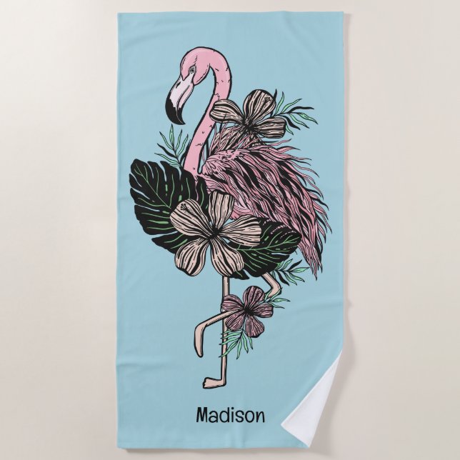Individuelle Name und Farbrosa Flamingo Strandtuch (Vorderseite)