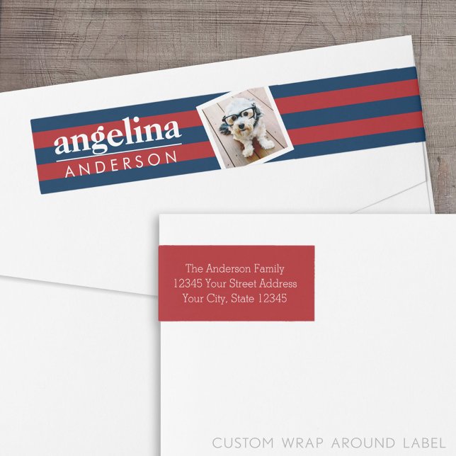 Individuelle Name und Foto der roten und marinen M (Custom Return Address Label with a Wrap Around Feature)