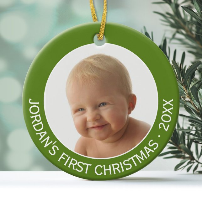 Individuelle Name und Jahr des ersten Weihnachtsju Keramikornament (Personalized Photo Ornament - First Christmas)