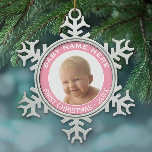 Individuelle Name und Jahr des ersten Weihnachtsju Schneeflocken Zinn-Ornament (Personalized pewter Christmas Ornament - Baby's First Christmas)