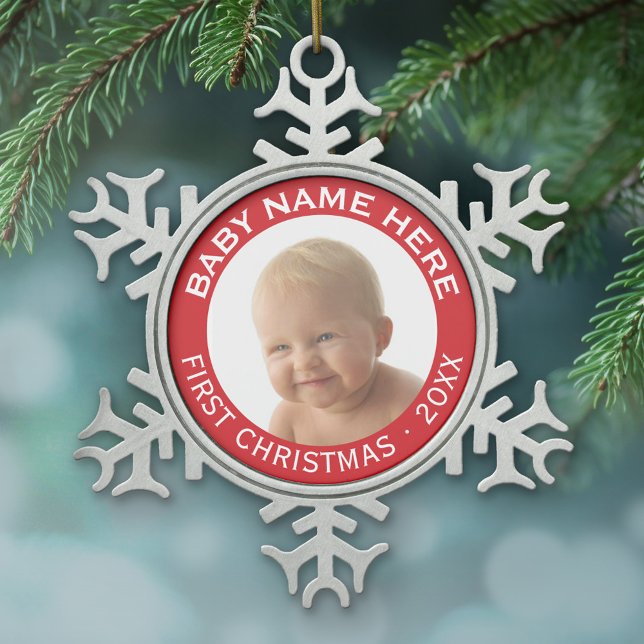 Individuelle Name und Jahr des ersten Weihnachtsju Schneeflocken Zinn-Ornament (A photo ornament with a simple frame)
