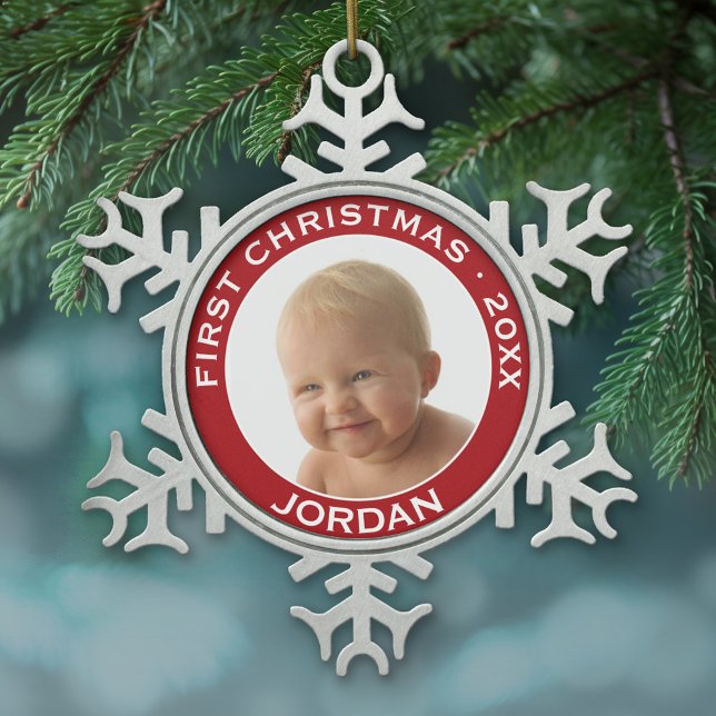 Individuelle Name und Jahr des ersten Weihnachtsju Schneeflocken Zinn-Ornament (Personalized pewter Christmas Ornament - Baby's First Christmas)