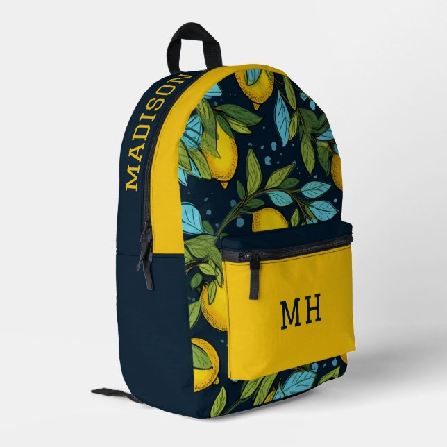 Individuelle Name- und Monogram-Lemon-Muster Bedruckter Rucksack (Rückseitige Ecke links)