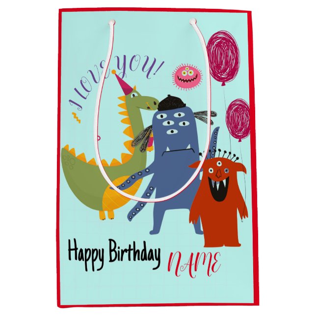 INDIVIDUELLE NAME UND TEXT-GLÜCKLICHES MONSTER-GIF MITTLERE GESCHENKTÜTE (Vorderseite)