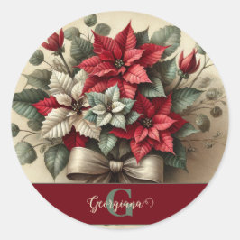 Individuelle Name Vintag Watercolor Poinsettia Bou Runder Aufkleber