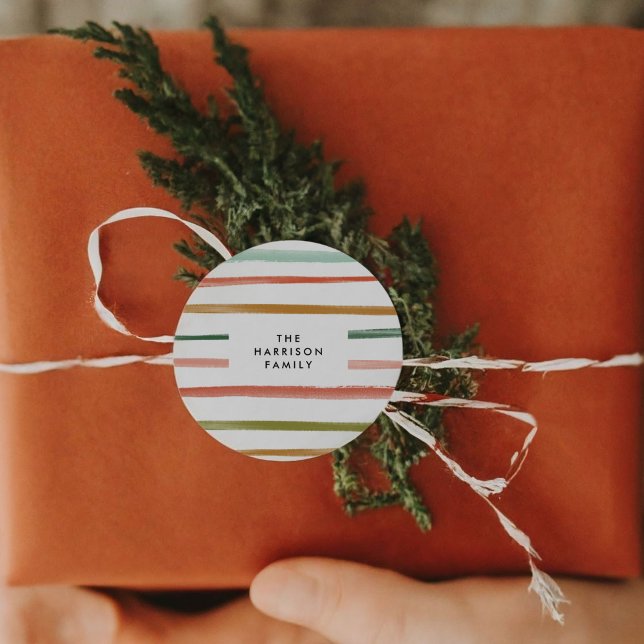 Individuelle Name Wasserfarben Streifen Runder Aufkleber (Watercolor Stripes Custom Name Classic Round Sticker)