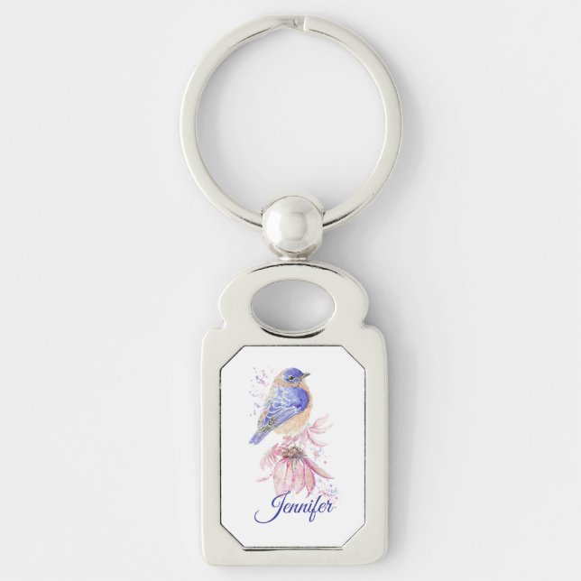 Individuelle Name Watercolor Bluebird Garden Bird  Schlüsselanhänger (Vorderseite)