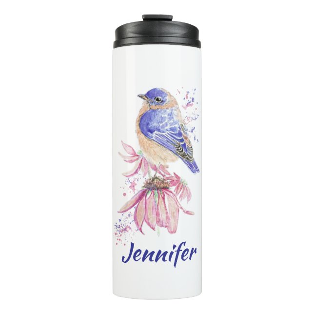 Individuelle Name Watercolor Bluebird Garden Bird  Thermosbecher (Vorderseite)
