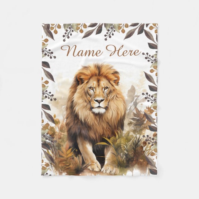 Individuelle Name Watercolor Lion Personalisiert K Fleecedecke (Vorderseite)