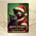Individuelle Name Weihnachten Weihnachtsbär und Ki Folien Feiertagskarte<br><div class="desc">Wenn Sie eine Weihnachtskarte mit moderner Drehung suchen, könnte dieses Design für Sie perfekt sein. Das ist mein Design eines schwarzen Mondbären, der einen Santa Anzug und eine Weihnachtsmannmütze mit einem niedlichen schwarzen Kätzchen trägt. Im Hintergrund befindet sich der traditionelle Kiefernbaum. Es gibt auch ein paar rote Bausteine auf dem...</div>