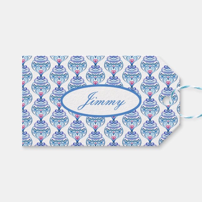 Individuelle Name Weihnachtsschmuck in Blau Geschenkanhänger (Vorderseite (Horizontal))