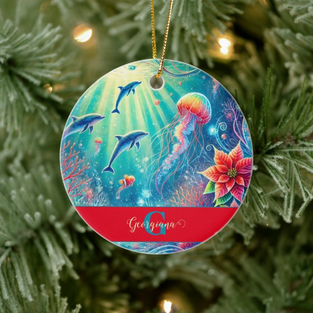 Individuelle Name Whimsical Floral Korallenriff Po Keramik Ornament (Baum)