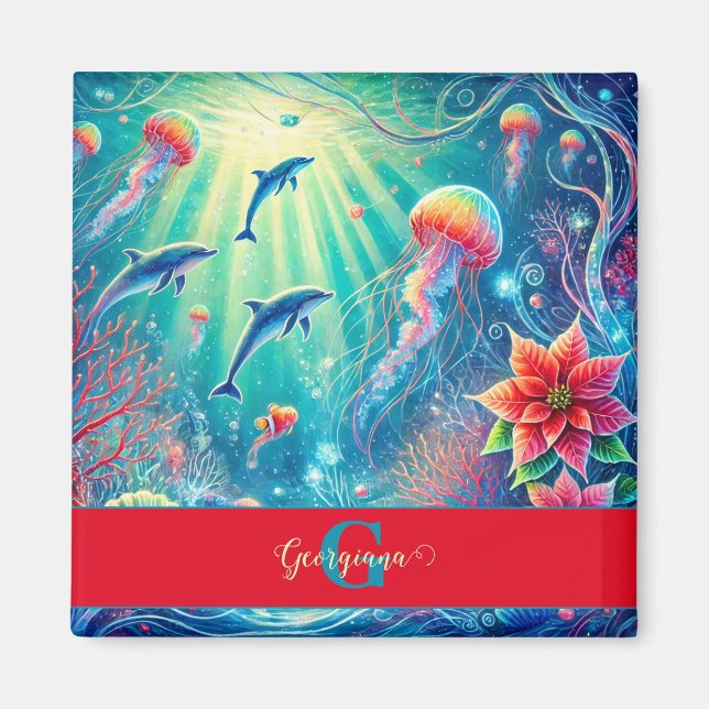 Individuelle Name Whimsical Floral Korallenriff Po Magnet (Vorne)