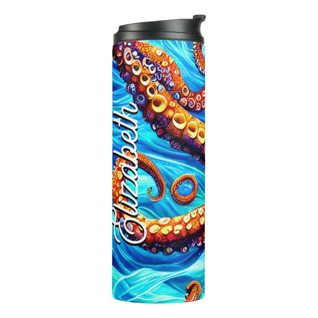 Individuelle Name Whimsical Octopus Blue Ocean Wav Thermosbecher (Nach links gedreht)