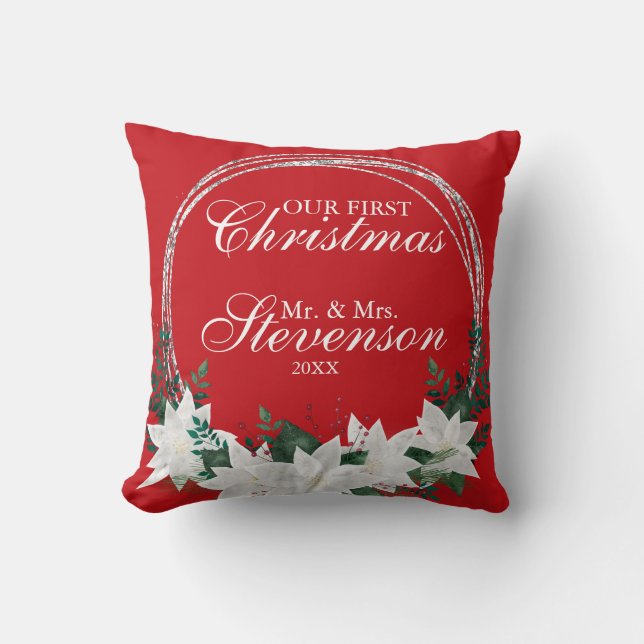 Individuelle Name White Poinsettia Weihnachten Kissen (Vorderseite)