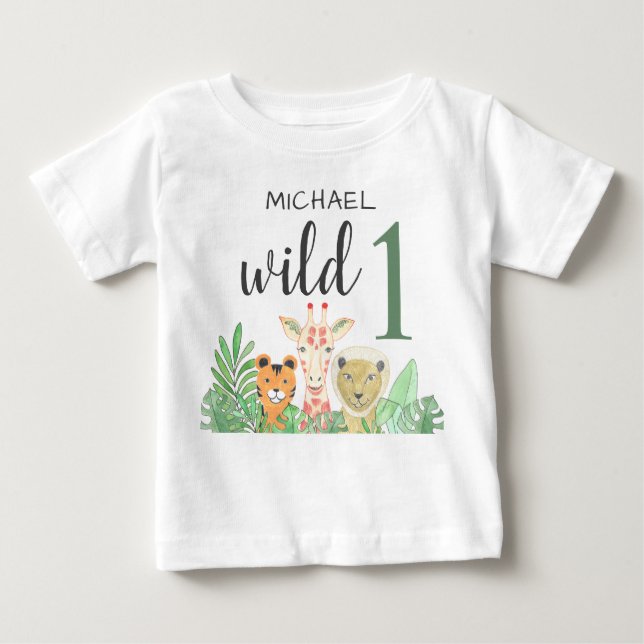 Individuelle Name Wild One Jungle Animals Grüne Baby T-shirt (Vorderseite)