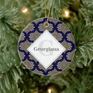 Individuelle Name Wir beobachten Sie Navy & Gold R Keramik Ornament