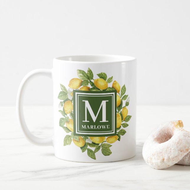 Individuelle Name Yellow Citrus Lemon Monogramm Kaffeetasse (Mit Donut)