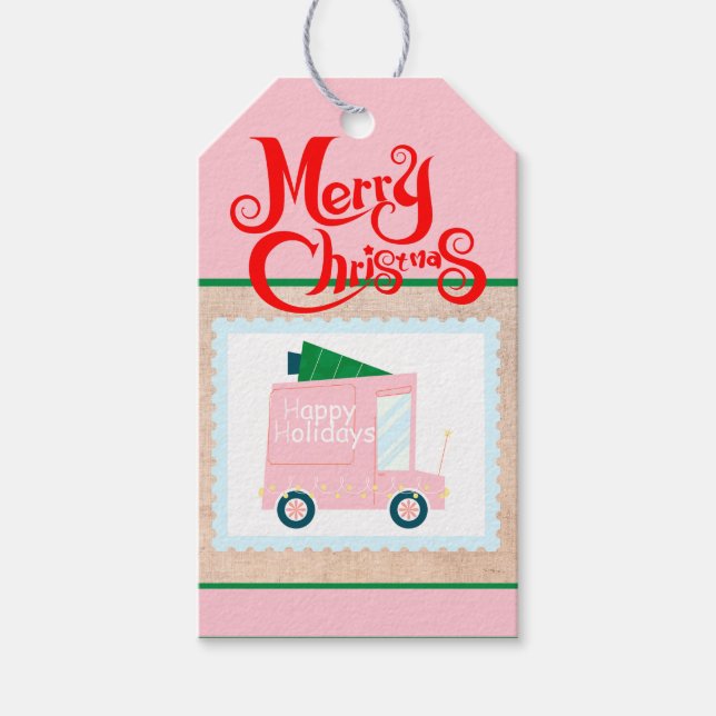 Individuelle Retro Papier Briefmarke Happy Holiday Geschenkanhänger (Vorderseite)