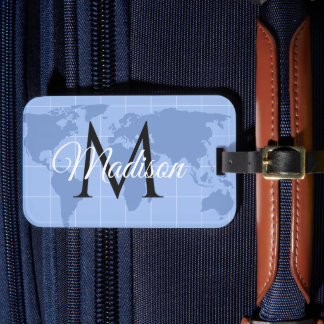 Individuelle Riviera-Blau-Weltkarte-Monogramm-Name Gepäckanhänger