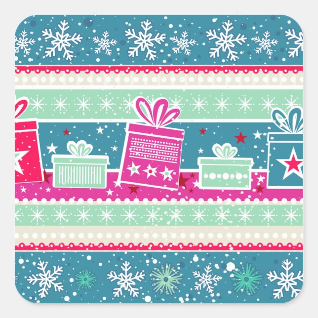Individuelle Schneeflocken und Geschenke Quadratischer Aufkleber (Vorderseite)