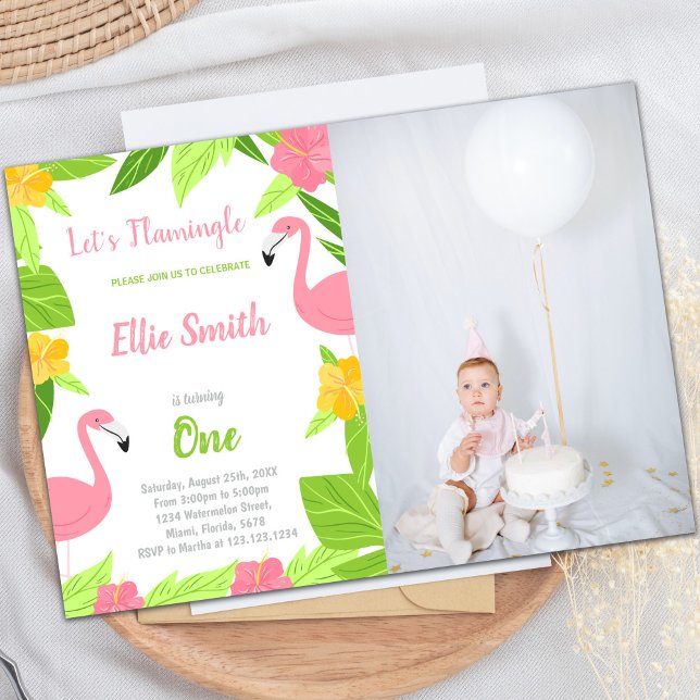 Individuelle tropische Party Einladungen für Kinde (Green Flamingo Birthday Invitations with photo)