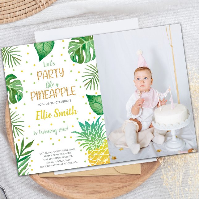 Individuelle tropische Party Einladungen für Kinde (Green Pineapple Invitations with photo)