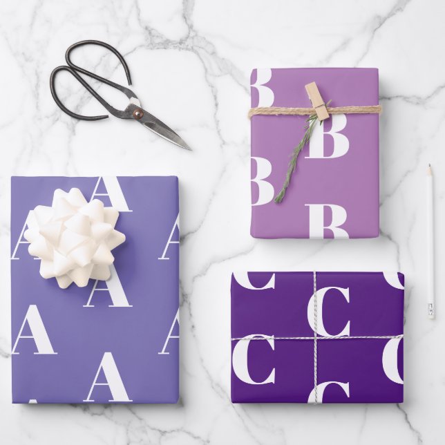 Individueller Anfänger-Monogramm-Letter in lila Fa Geschenkpapier Set (Vorderseite)