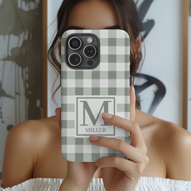 Individueller Gingham-Handyhülle-Geschenk für Mama iPhone Hülle (Custom Gingham Phone Case Gift for Mom or Grandma, Sage Checkered Phone Case Birthday Gift for Women)