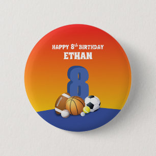 Individueller Name Junge 8. Geburtstag Sportbälle Button