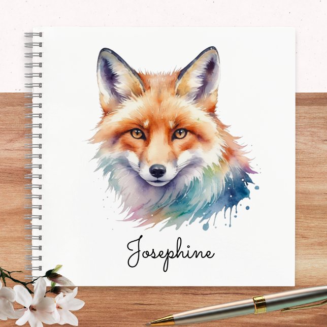Individueller Rotfuchs im Wasserfarbenstil Notizbuch (A personalized spiral-bound notebook, with cover illustration of a red fox in a watercolor style)