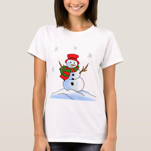 Individueller Schneemann auf Schnee und Schneefloc T-Shirt (Vorderseite)
