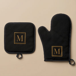Individueller schwarzer & goldener gerahmter Monog Ofenhandschuh & Topflappen-Set